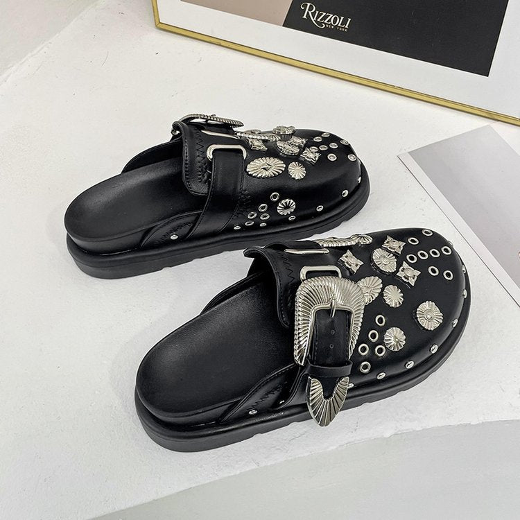 Women Slippers Platform Rivets Punk Rock Leather Mules Creative Metal Fittings Casual Party Shoes