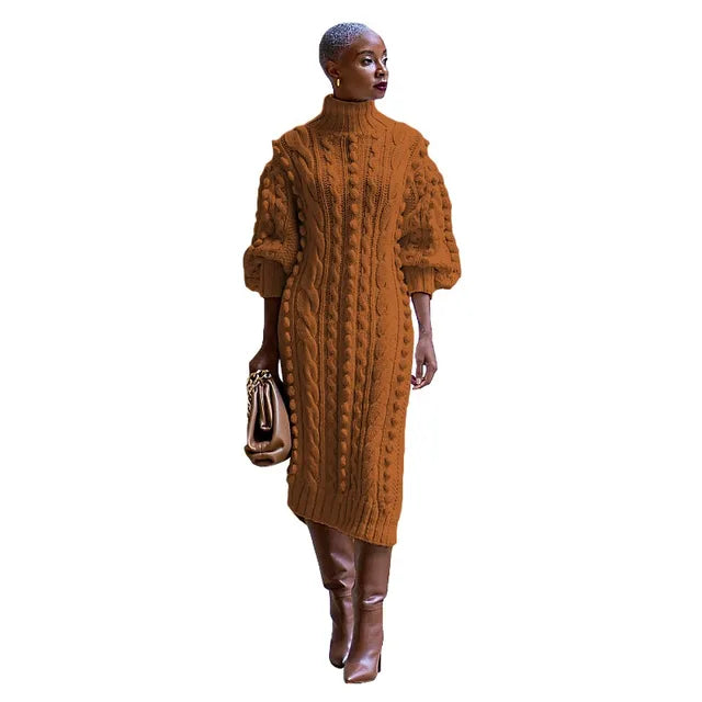 Solid Braid Knitted Casual Long Dress Women Autumn Winter Turtleneck Long Sleeve Side Split Fashion Sweater Dresses Streetwear