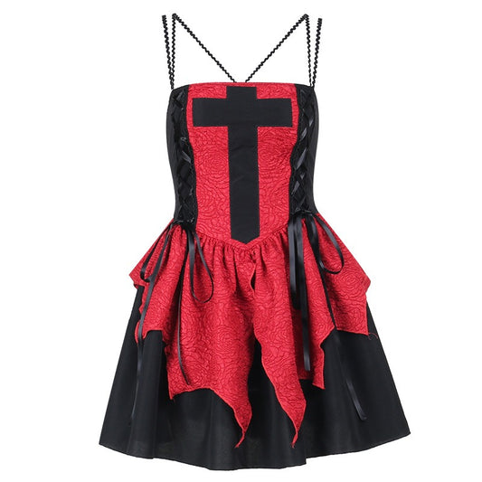 Fashionable and slim fitting textured fabric splicing irregular hem suspender dress for women