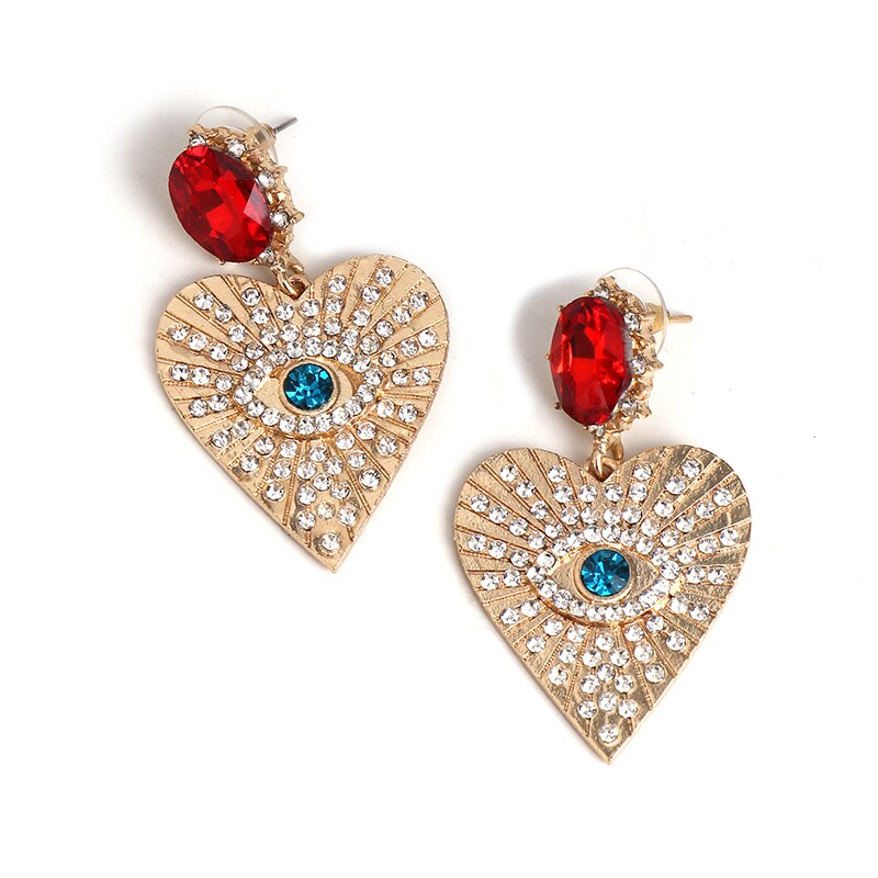 Juran Gold Eye Goth Exaggerated Heart Hanging Dangle Earrings Rhinestone Fashion Earrings for Women Cute Jewelry New Trend