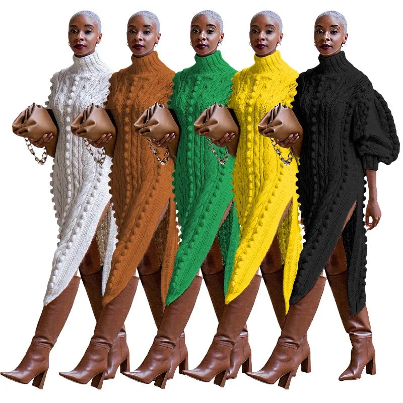 Solid Braid Knitted Casual Long Dress Women Autumn Winter Turtleneck Long Sleeve Side Split Fashion Sweater Dresses Streetwear