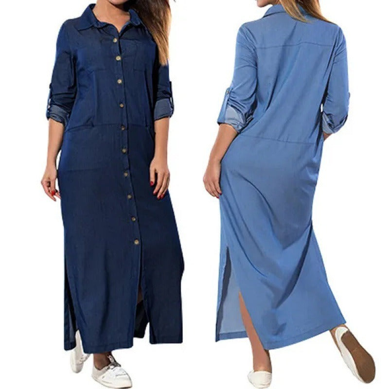 New Blue Summer Dress Women Fashion Elegant Vintage Shirt Dress