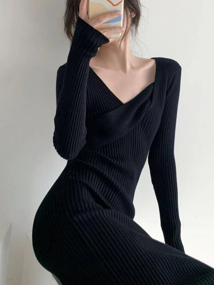 Solid Casual Knitting Dresses For Women Irregular Collar Long Sleeve High Waist Slimming Dress