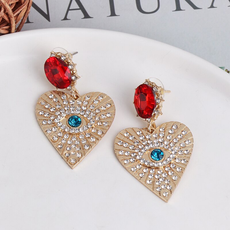 Juran Gold Eye Goth Exaggerated Heart Hanging Dangle Earrings Rhinestone Fashion Earrings for Women Cute Jewelry New Trend