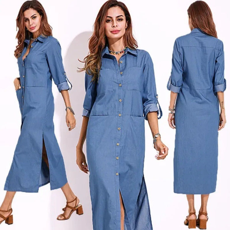 New Blue Summer Dress Women Fashion Elegant Vintage Shirt Dress