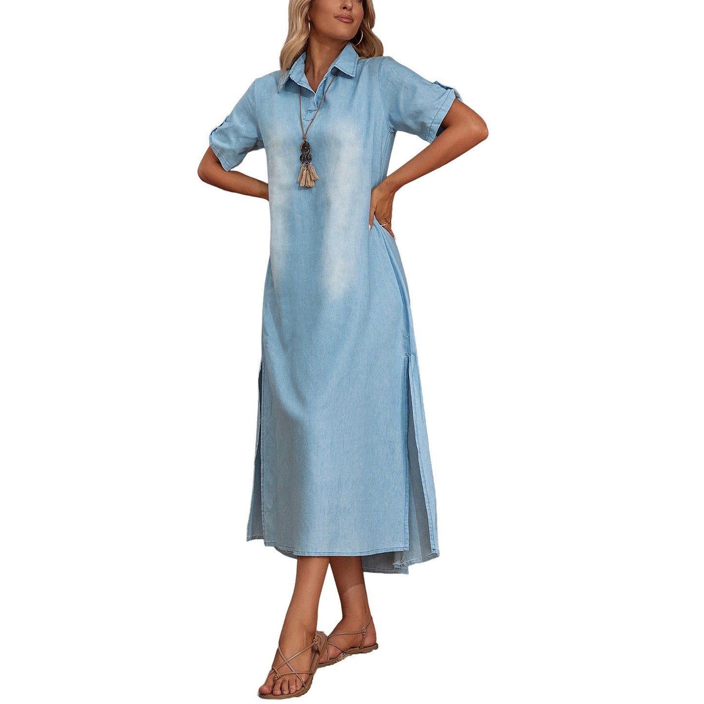 Casual Women Loose Dress Lapel Vintage Summer Side Slitting Hem Loose Long Denim Dress