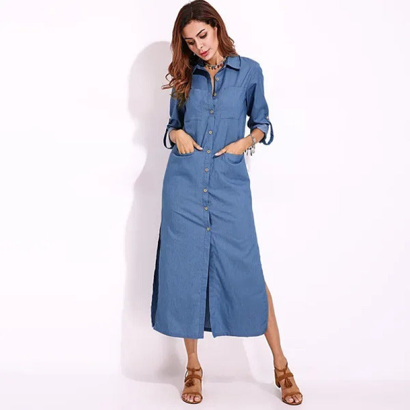 New Blue Summer Dress Women Fashion Elegant Vintage Shirt Dress