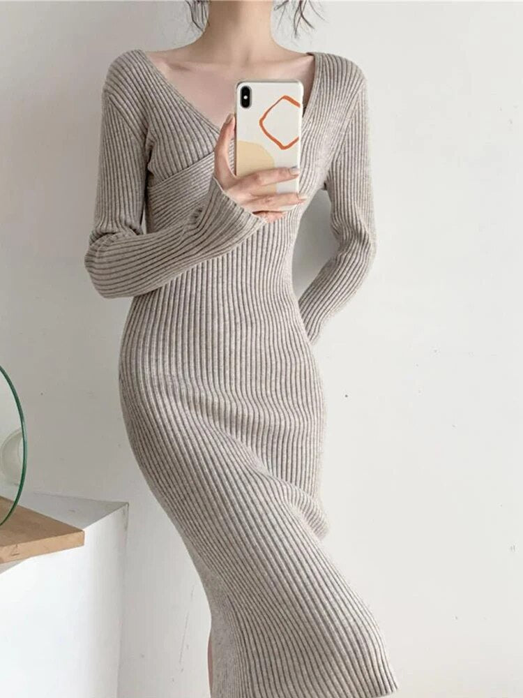 Solid Casual Knitting Dresses For Women Irregular Collar Long Sleeve High Waist Slimming Dress