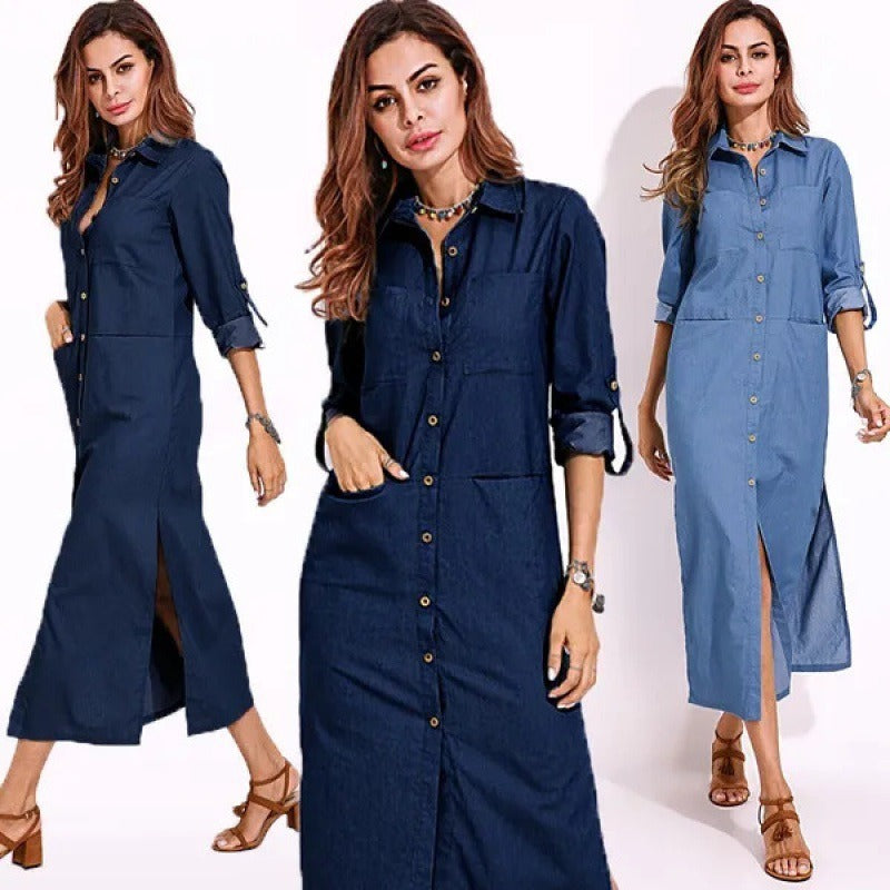 New Blue Summer Dress Women Fashion Elegant Vintage Shirt Dress